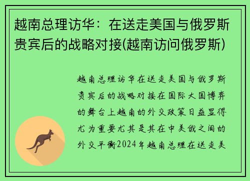 越南总理访华：在送走美国与俄罗斯贵宾后的战略对接(越南访问俄罗斯)